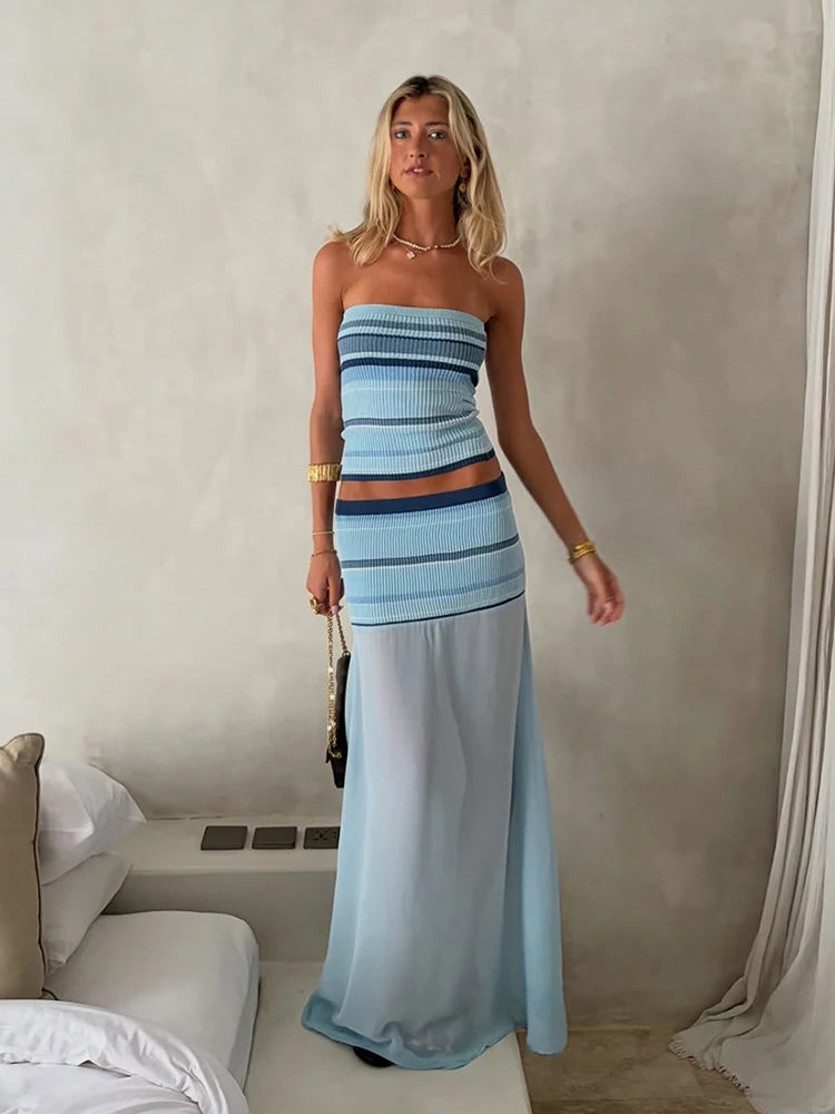 Striped Knit Two Piece Set With Mesh Patchwork Long Skirt