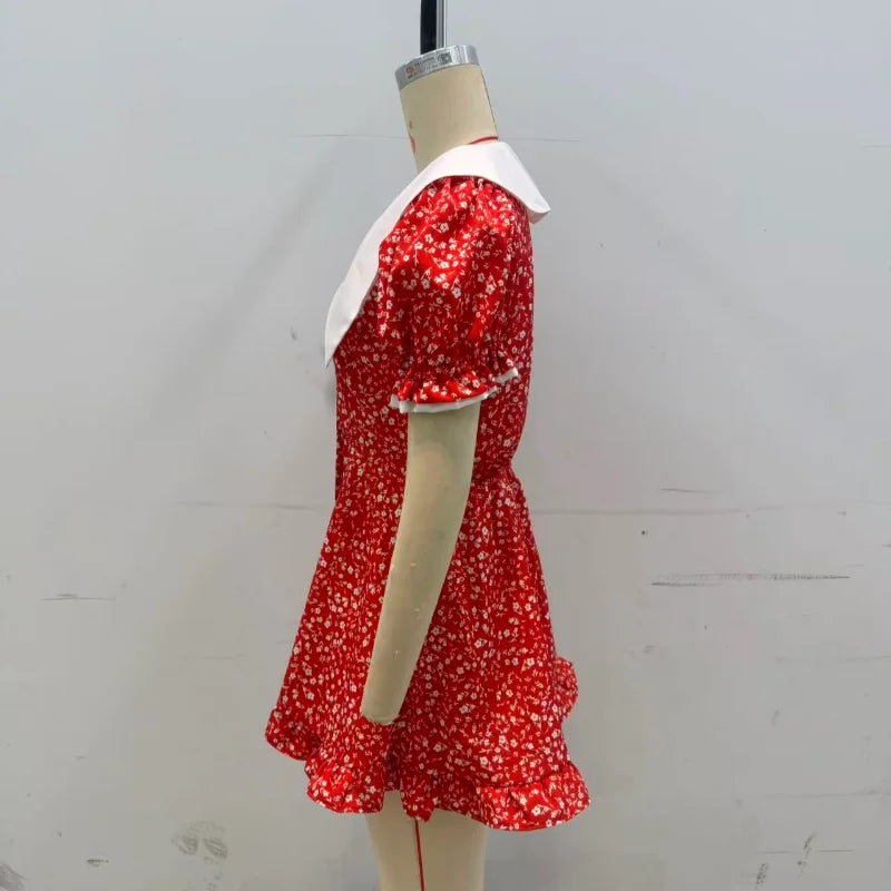 Romantic Red Floral Peter Pan Collar Dress With Puff Sleeves V Neck Button Front A Line Mini