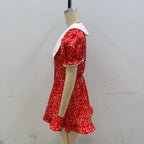 Romantic Red Floral Peter Pan Collar Dress With Puff Sleeves V Neck Button Front A Line Mini