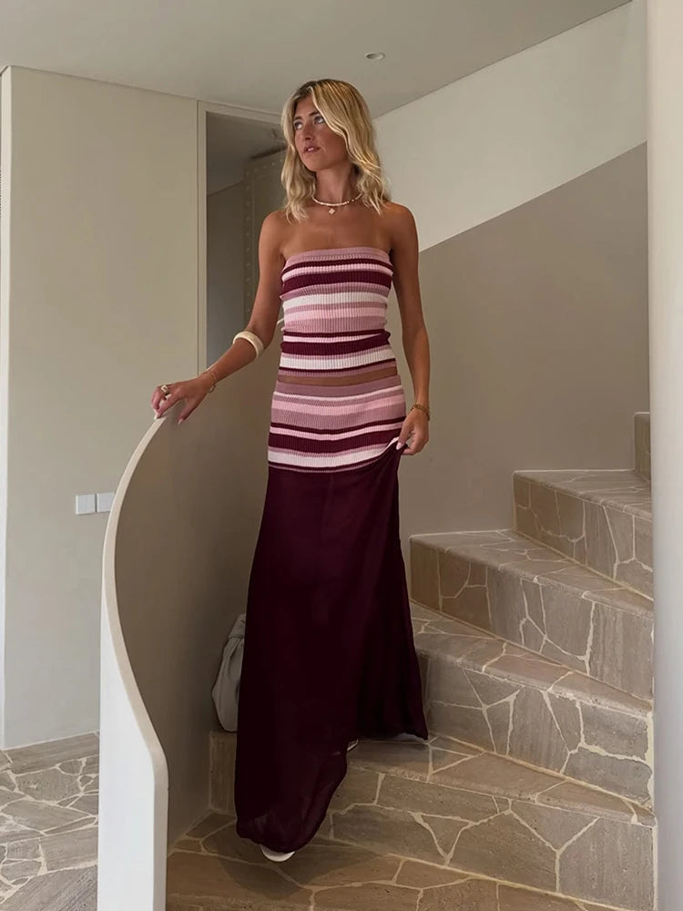 Striped Knit Two Piece Set With Mesh Patchwork Long Skirt