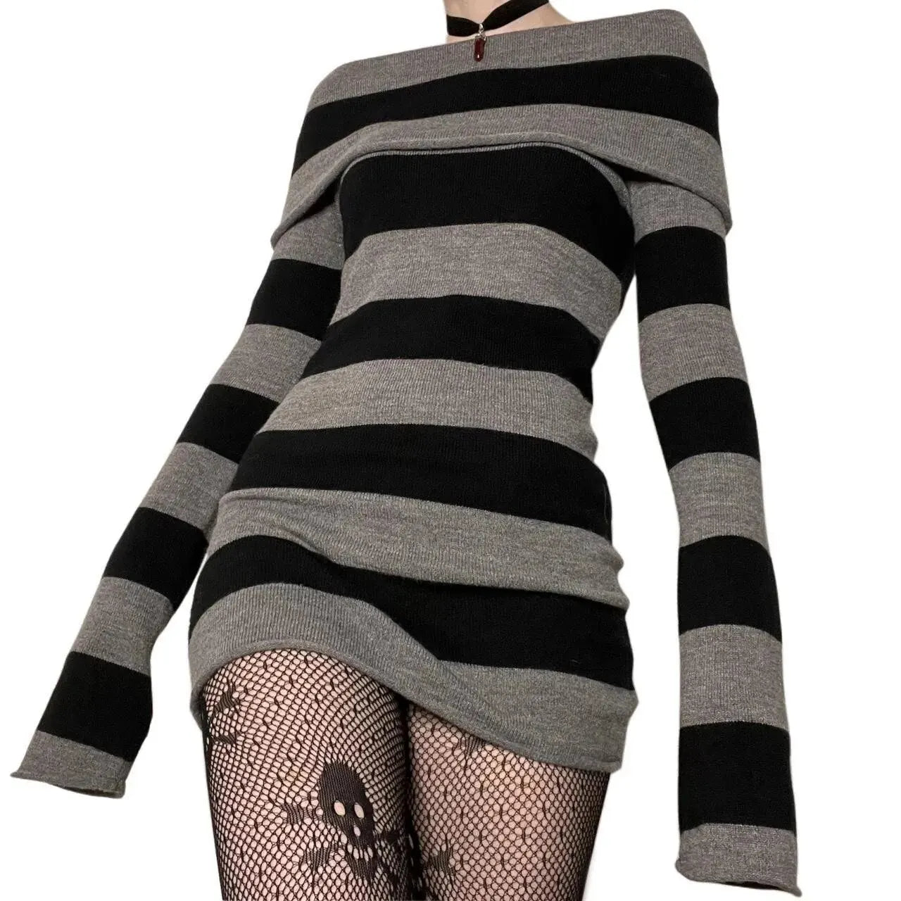 Striped Mini Bodycon Dress With Boat Neck And Off Shoulder