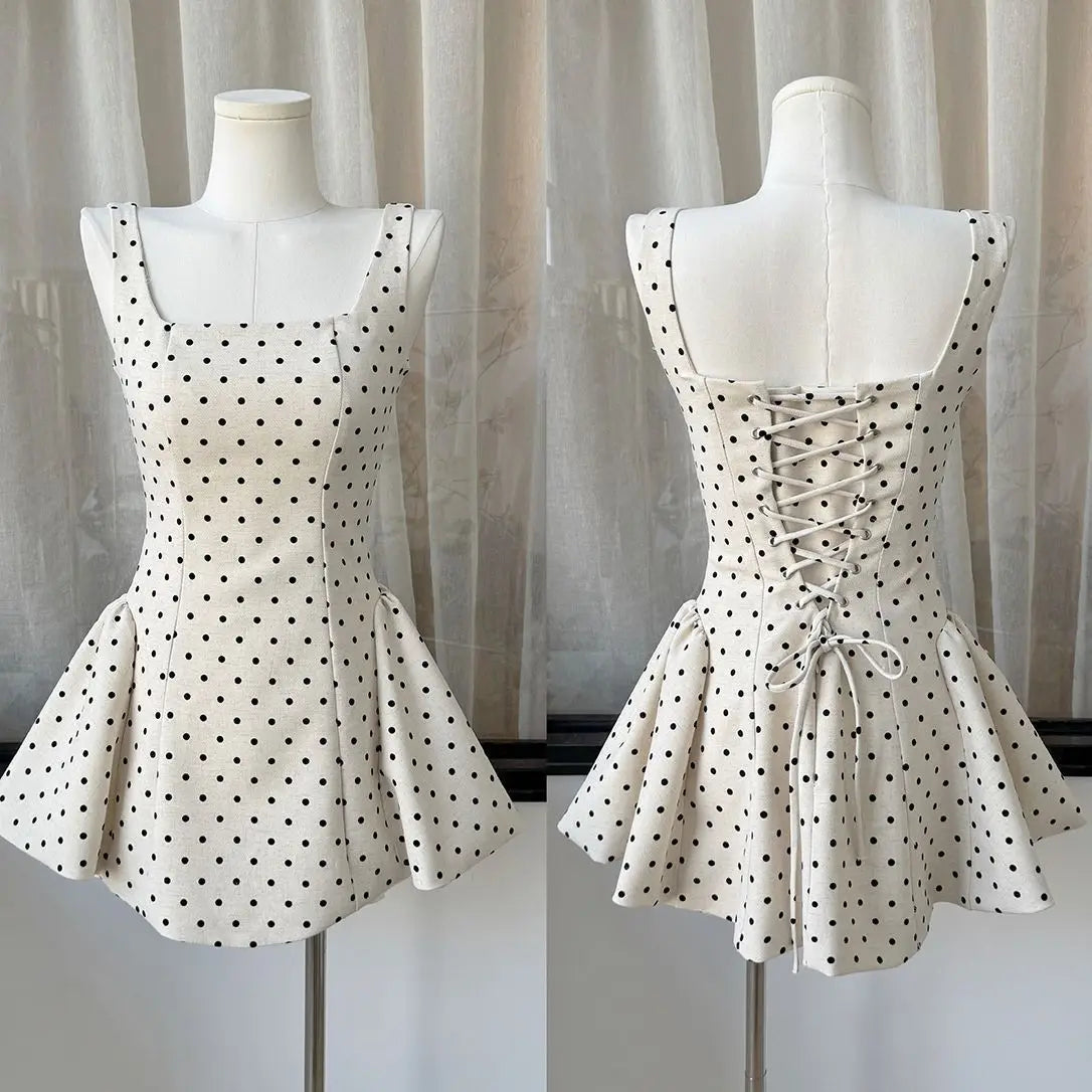 Polka Dot Gingham Mini Dress With Square Collar
