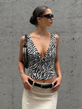 Zebra Print V Neck Backless Ruched Crop Tank Top