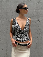 Zebra Print V Neck Backless Ruched Crop Tank Top