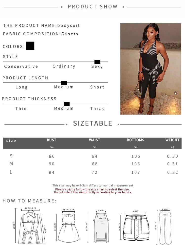 Stripes Patchwork Halter Jumpsuit Backless Sleeveless Skinny Stretch Fit