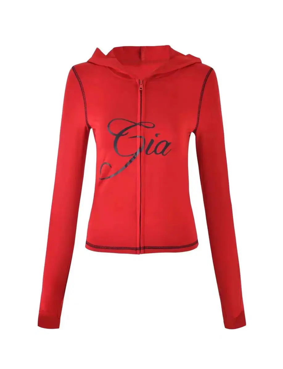 Two Piece Slim Fit Letter Print Hooded Zipper Jacket And Pants Set Open Thread Design