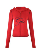 Two Piece Slim Fit Letter Print Hooded Zipper Jacket And Pants Set Open Thread Design