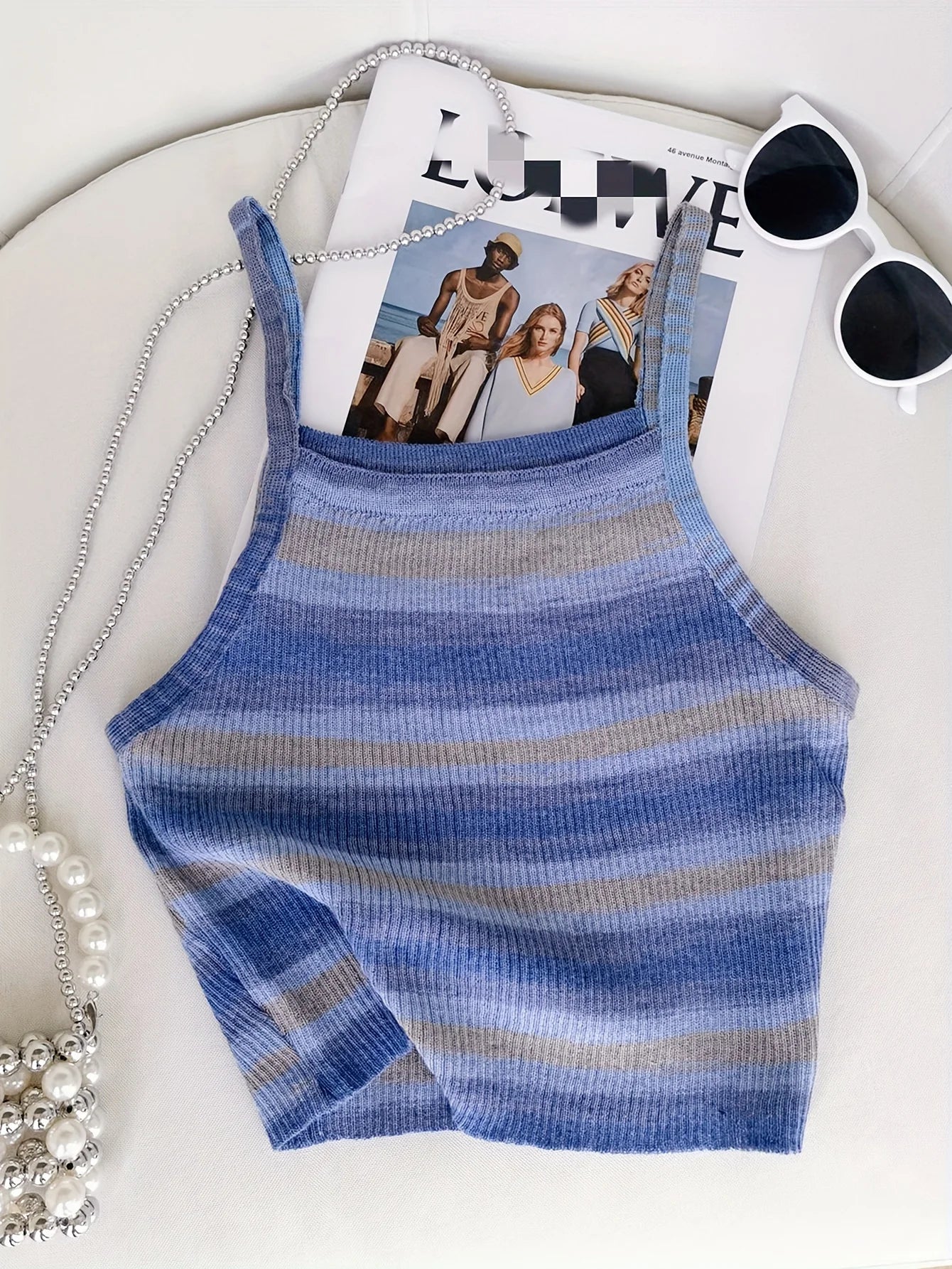 Striped Ribbed Knit Cami Top With Square Neck Sleeveless Rainbow Crop