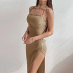Halter Neck Bodycon Dress With Sleeveless Backless Design Spaghetti Straps High Slit