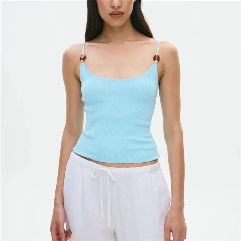 Bead Front Spaghetti Strap Cami Top Casual Sleeveless Crop Top Slim Fit