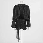 Lace Up V Neck Mini Dress For Women Long Sleeve
