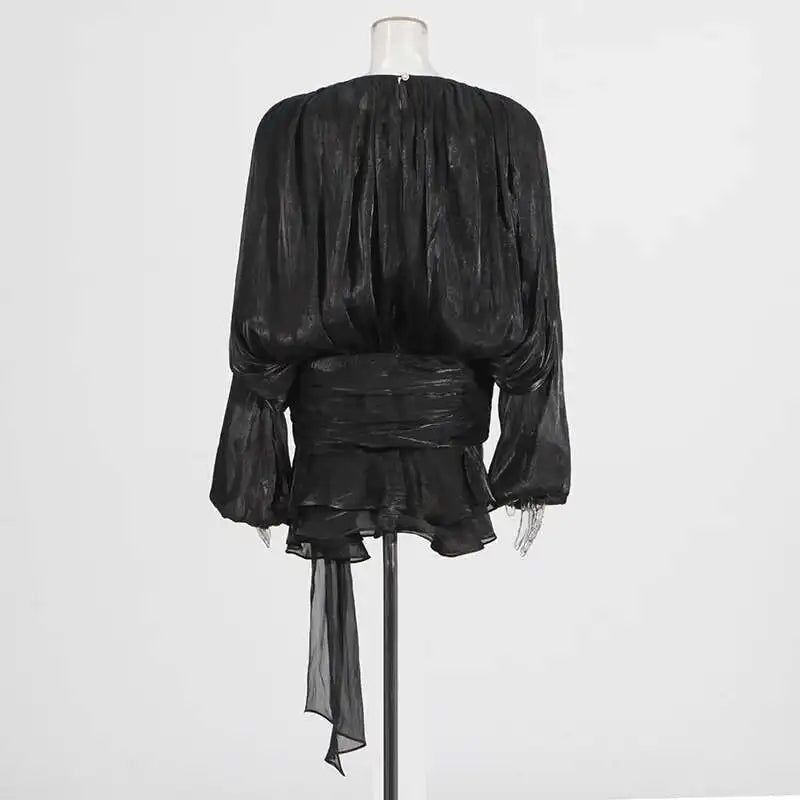 Lace Up V Neck Mini Dress For Women Long Sleeve