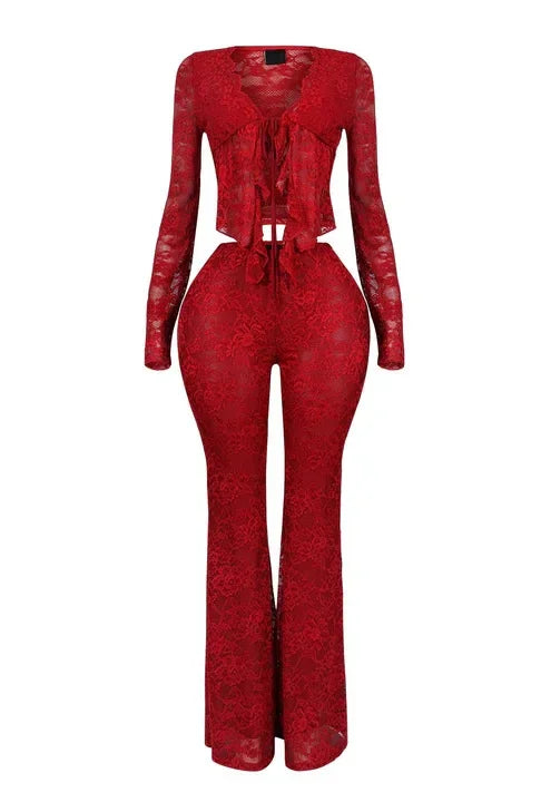 See Through Lace Set With Long Sleeve Top And Pants