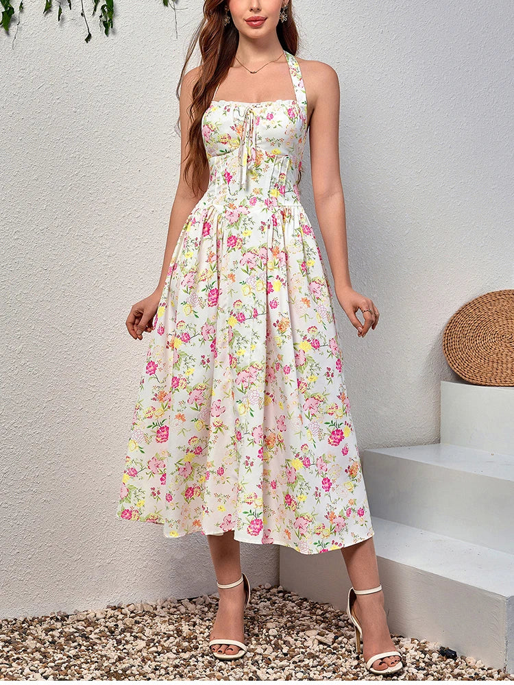 Floral Halter Midi Dress With Spaghetti Straps, Backless Corset Waist Tie Up Detail