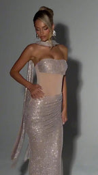 Sequins Off Shoulder Dress With Cinched Waist Sheer Ribbon Pleated Long Sleeves Glam