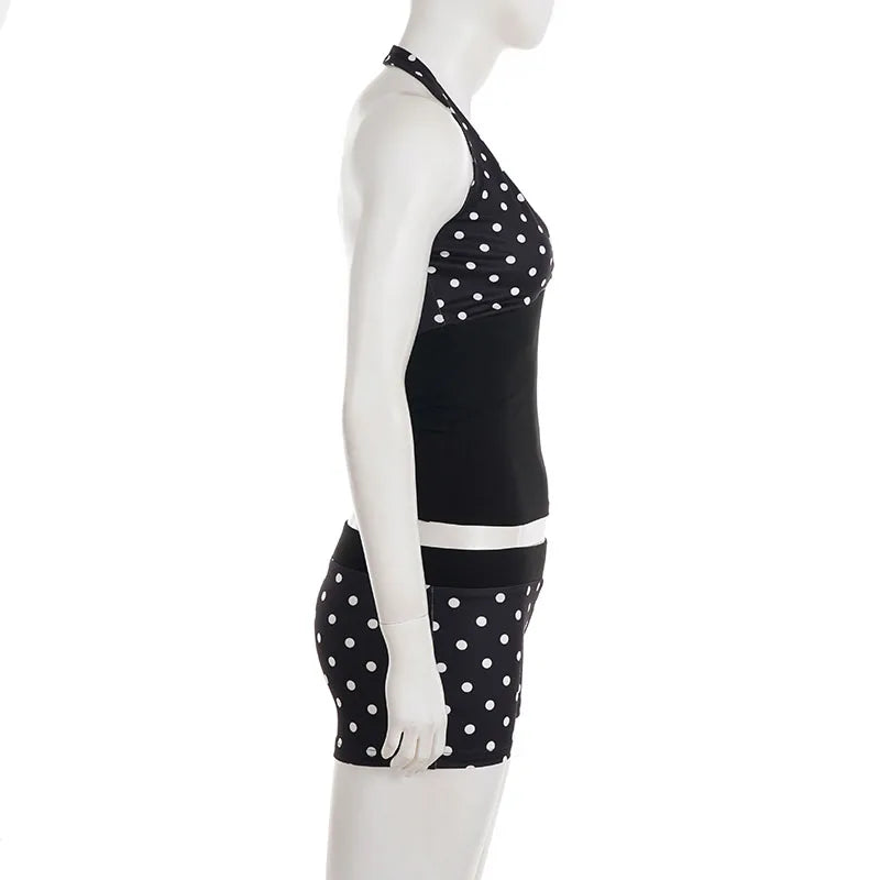 Cute Black Polka Dot Halter Two-piece Set Sexy Beachwear For Summer