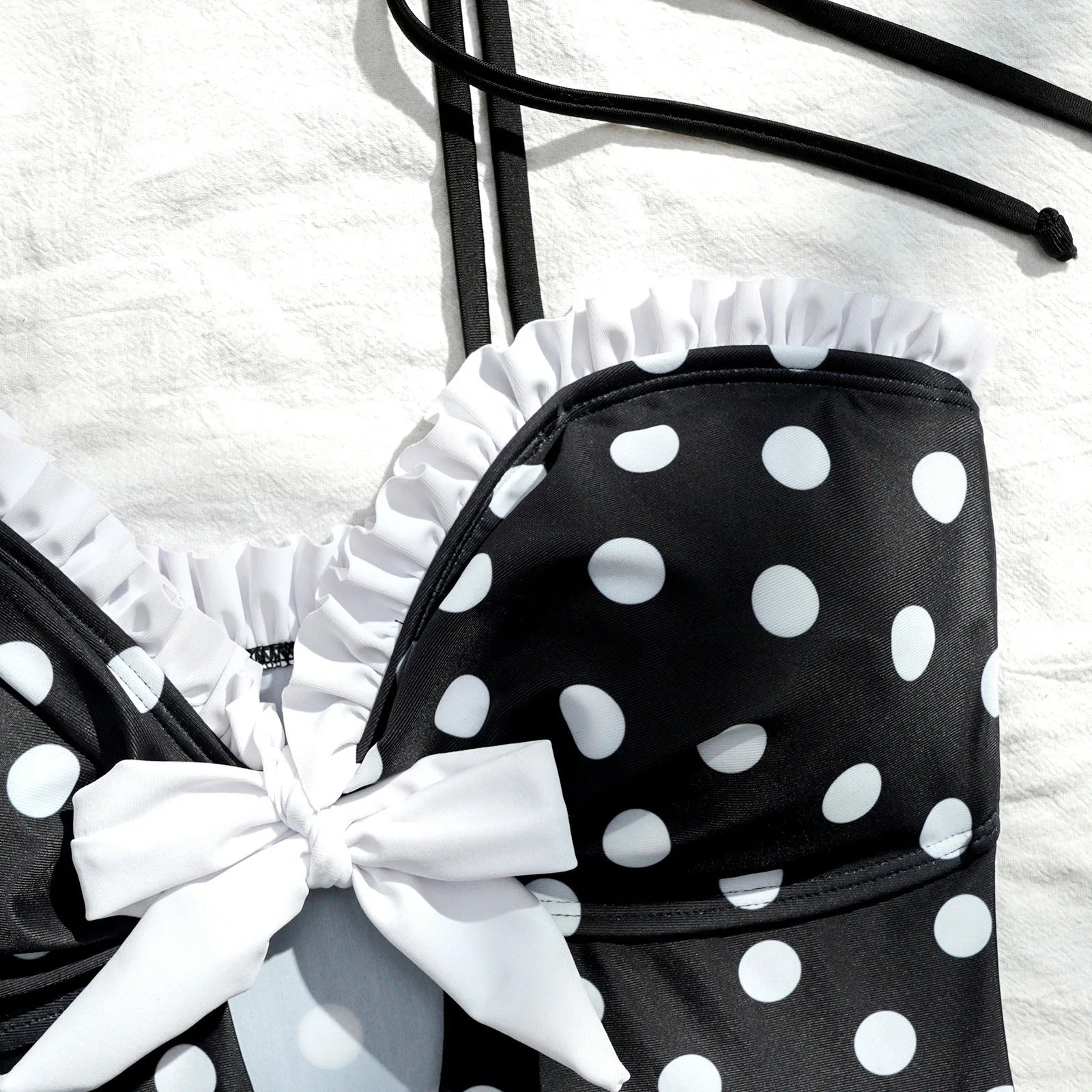 Vintage Black Polka Dot One Piece Swimsuit With Hollow Out Front And Bow Ruffle Lace Trim