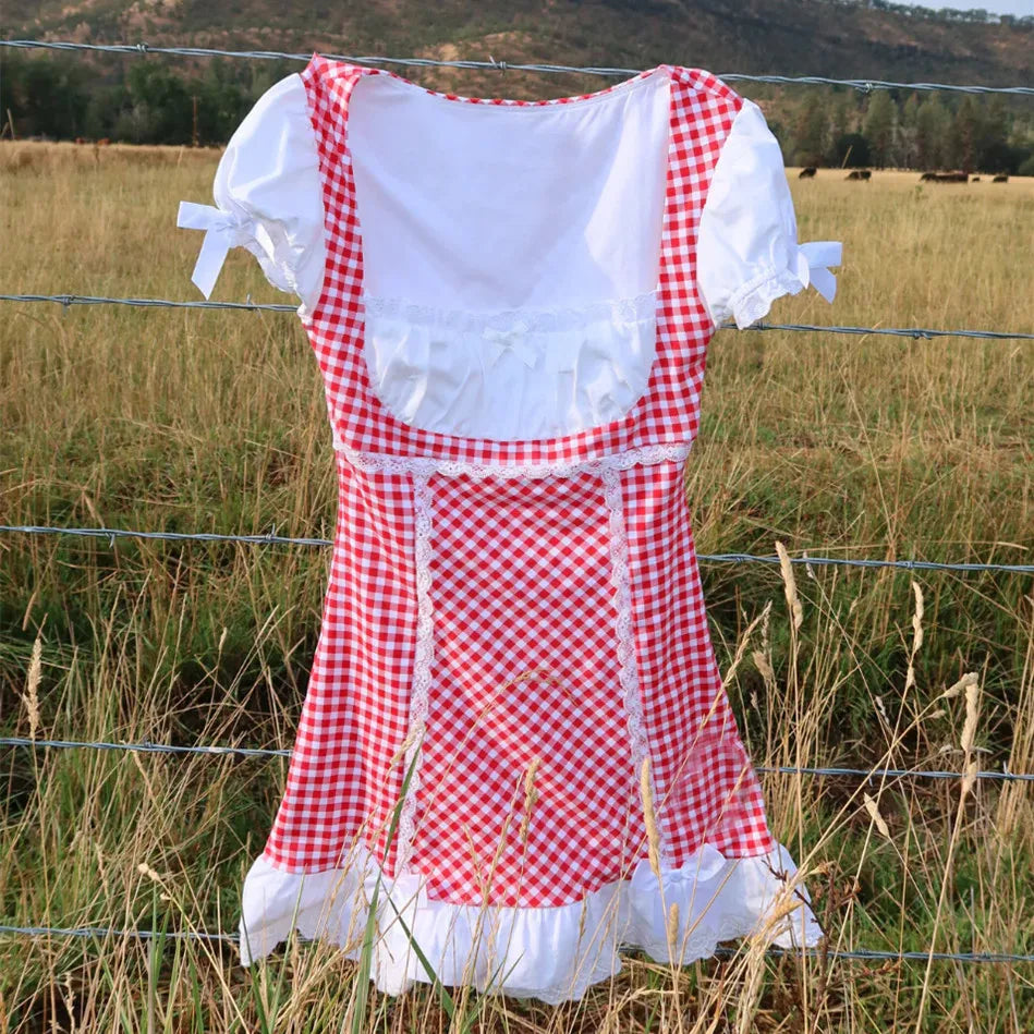 Sweet Vintage Plaid Babydoll Mini Dress With Gingham Lace Trim