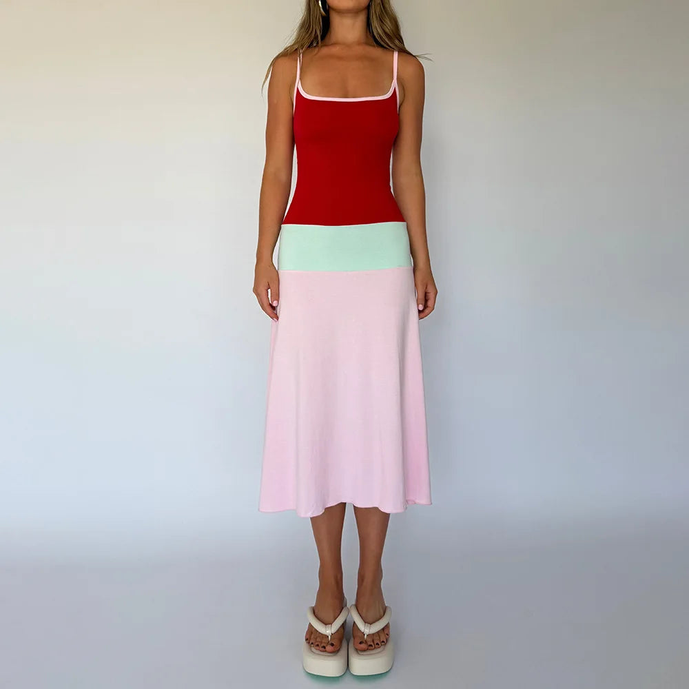 Colorful Spaghetti Strap Maxi Dress Slim Backless Sundress