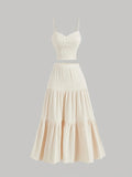 Plus Size Beige Ribbed Cami Top And Tiered Maxi Skirt Two Piece Set