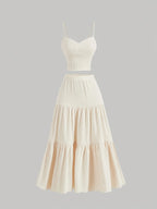Plus Size Beige Ribbed Cami Top And Tiered Maxi Skirt Two Piece Set