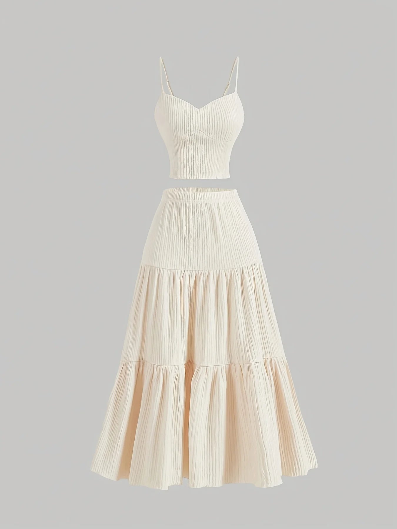 Plus Size Beige Ribbed Cami Top And Tiered Maxi Skirt Two Piece Set