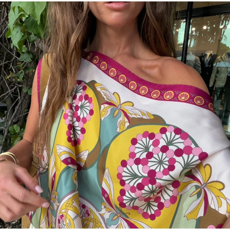 Boho Floral One Shoulder Camisole Tank Top With Asymmetrical Hem
