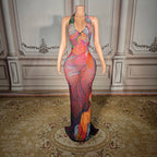 Plus Size Glam Night Sheer Mesh Dress With Colorful Rhinestones