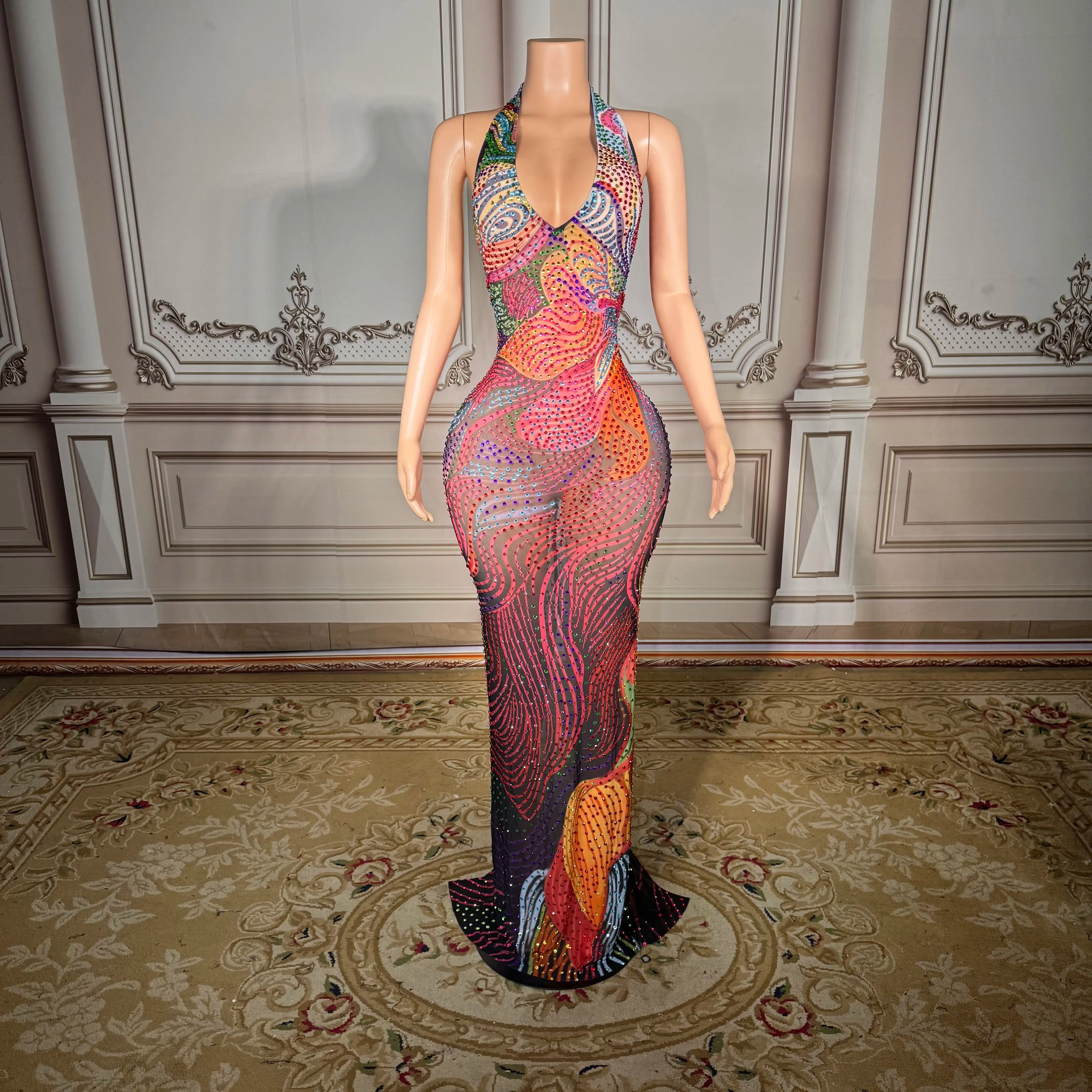 Plus Size Glam Night Sheer Mesh Dress With Colorful Rhinestones