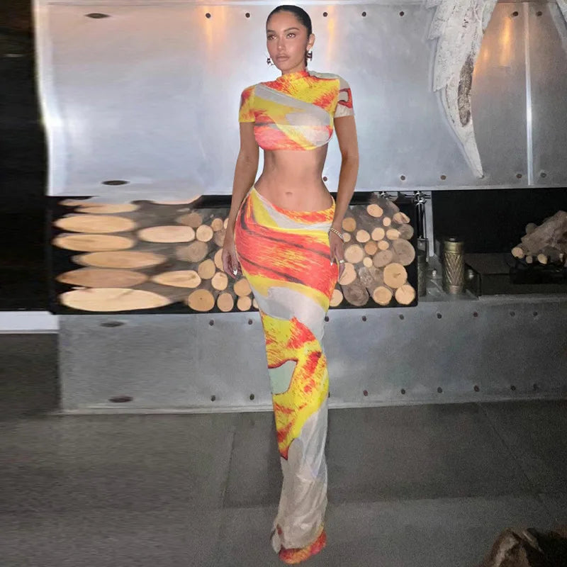 Beach Print Set With Crop Top And Long Dress