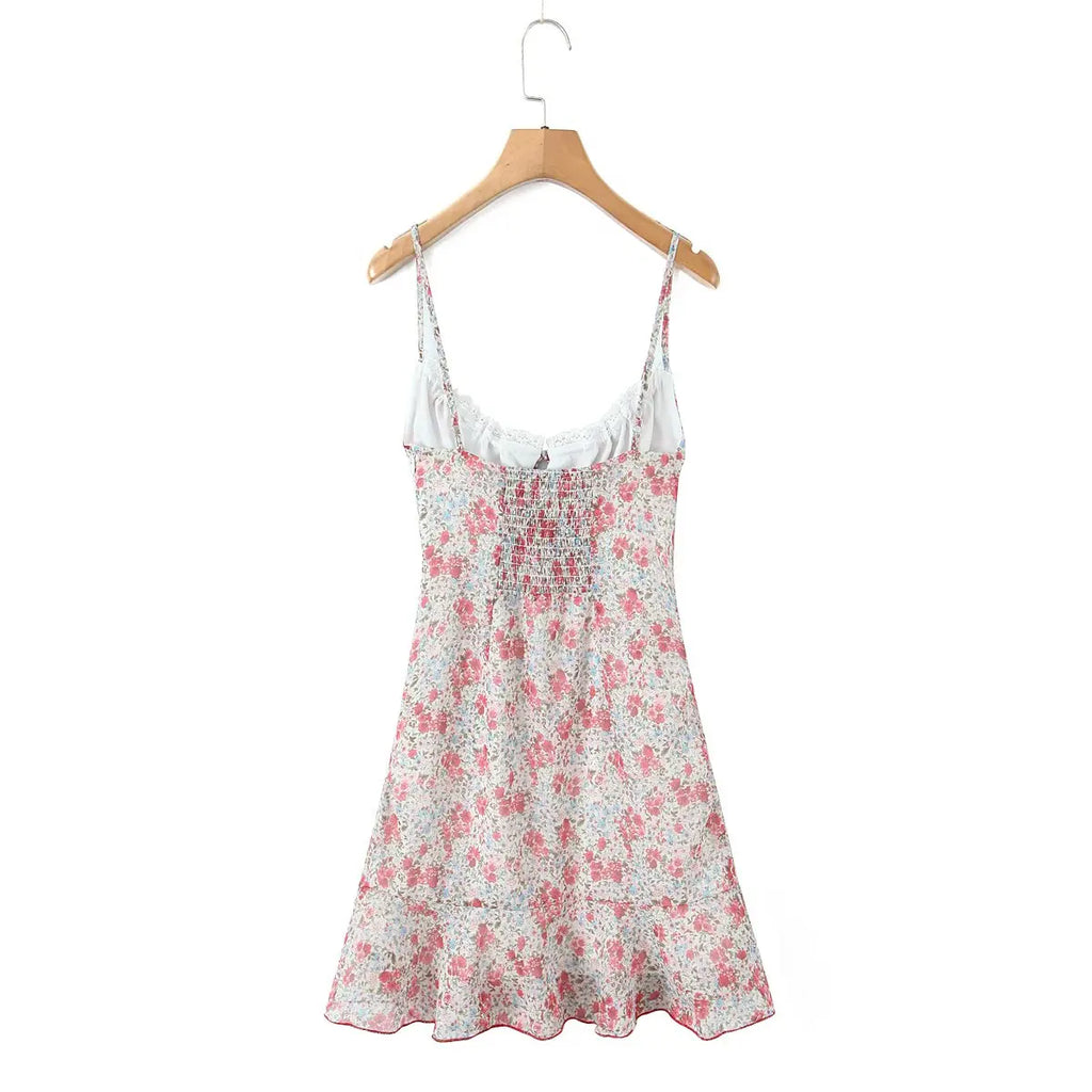 Floral Print Sexy Sling Mini Women Lace Spliced O Neck A-line Dress
