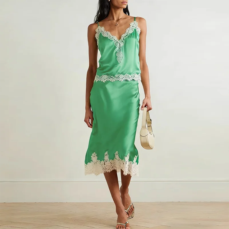 Lace Patchwork Two-piece Set With V-Neck Sling Top And Long Skirt