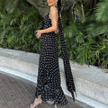 Elegant Polka Dot Halter Sleeveless Maxi Dress With Pleated Skirt And Ribbon Scarf