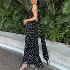 Elegant Polka Dot Halter Sleeveless Maxi Dress With Pleated Skirt And Ribbon Scarf
