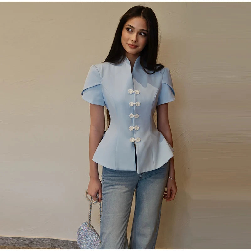 Blue Stand Collar Puff Sleeve Blazer Single Breasted