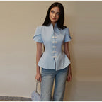 Blue Stand Collar Puff Sleeve Blazer Single Breasted