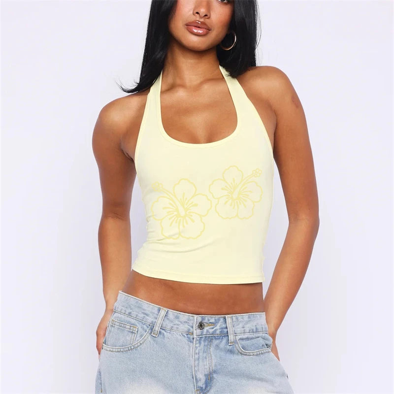 Floral Print Y2K Sleeveless Crop Camisole Top With Round Neck