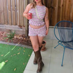 Cozy Two-piece Plaid Shorts Set With Smocked Tank Sleeveless Top And Ruffled Trim