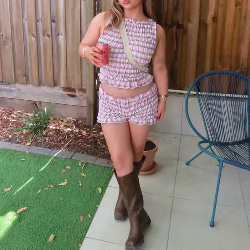 Cozy Two-piece Plaid Shorts Set With Smocked Tank Sleeveless Top And Ruffled Trim