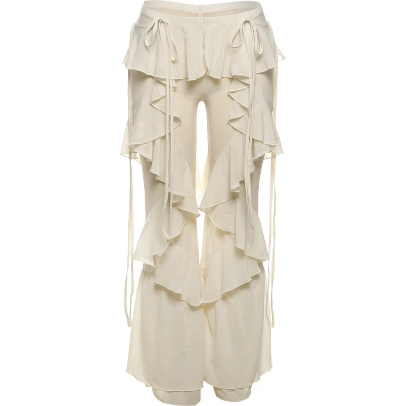 Irregular Tiered Flare Pants With Patchwork See Through