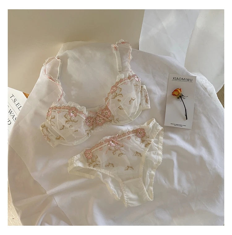 Lace Set With Embroidered Details Two-piece Sheer Push Up Bra And Matching Briefs