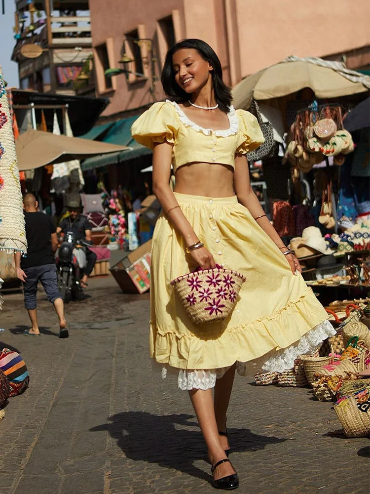 Yellow Gingham Lace Top And Skirt Set Vintage