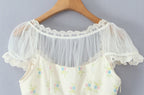 Sweet Floral Print Chic Lace Short Blouses Vintage Square Collar Puff Sleeve Slim Shirt
