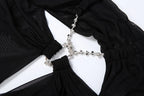 Backless Mesh Beach Dress With Halter Chain Deep V Ruched