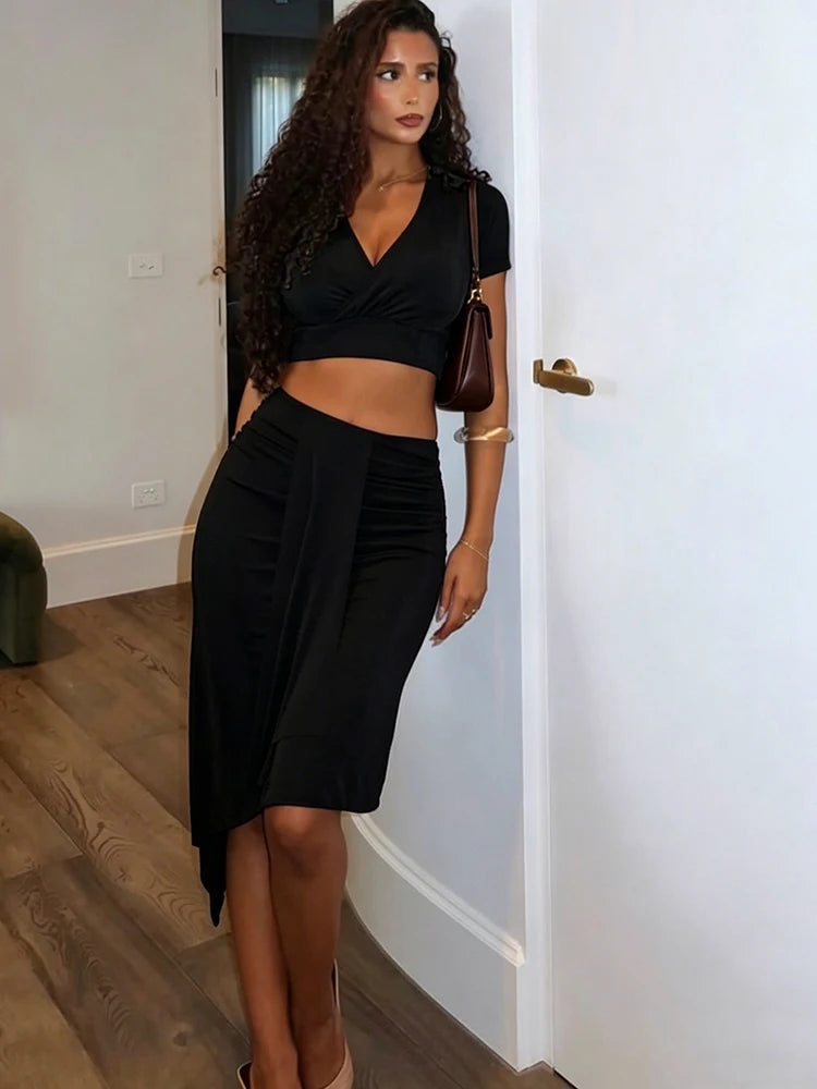 Velvet two piece Set for Women With V Neck Crop Top Ruched Ribbon Patchwork Irregular Hem
