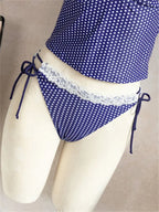 Blue Polka Dot Bikini Set With Lace Trim V Neck Tank Top And Tie Side Thong Bottom For Summer Beach Days