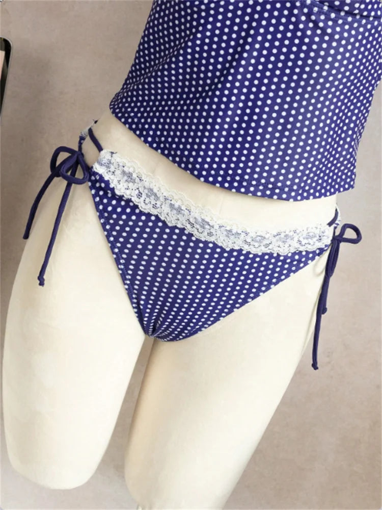 Blue Polka Dot Bikini Set With Lace Trim V Neck Tank Top And Tie Side Thong Bottom For Summer Beach Days