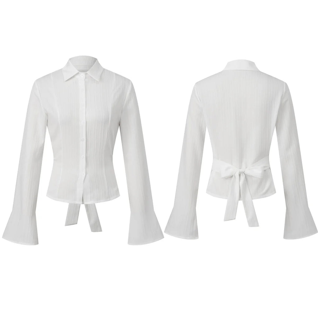 Cinched Waist Button Down Blouse With Back Tie Long Sleeve