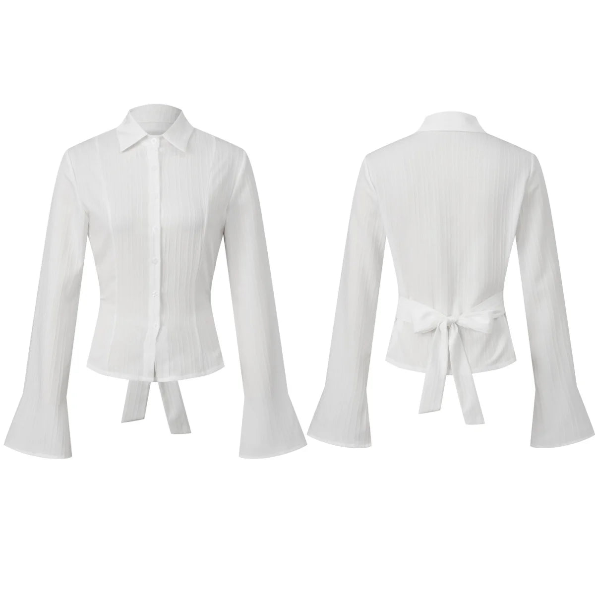 Cinched Waist Button Down Blouse With Back Tie Long Sleeve
