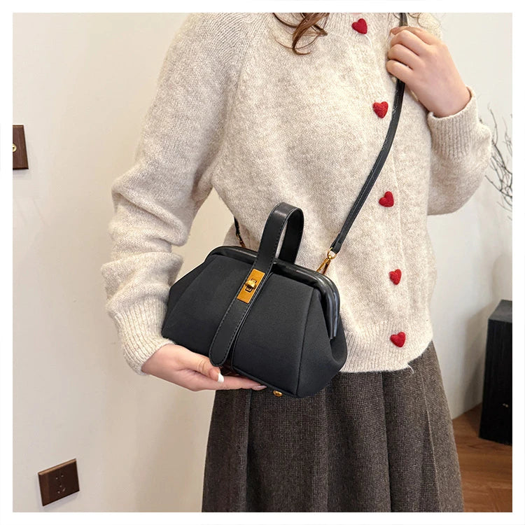 Luxe Faux Suede Frame Shoulder Bag With PU Accent Elegant Crossbody